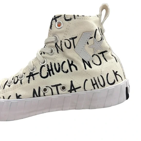 Converse High Top Sneakers Off-White with Black Script and Orange Accents - Picture 6 of 10